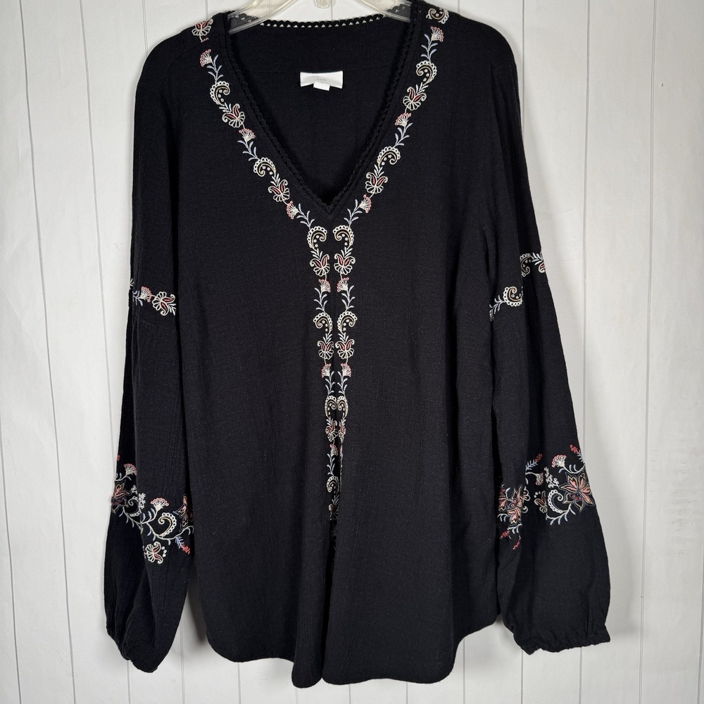 Bohemian Floral Embroidered Black Tunic Blouse Top Coastal Beachy Lagenlook XS